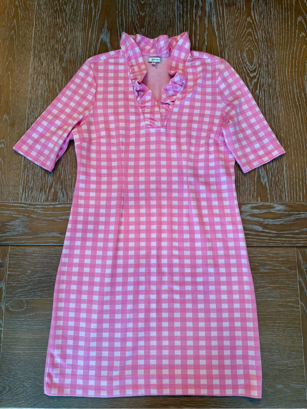 EUC Tyler Boe Pink Gingham Ruffle Neck Mini Dress, Medium